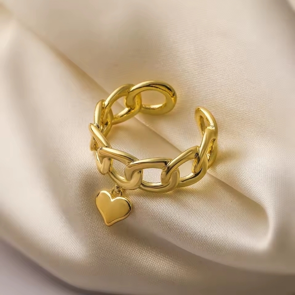 Gold Heart Charm Chain Ring